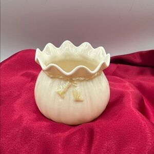 Belleek Cream Ceramic Ruffled Vase, Gold/Brown Mark.
1980-1992